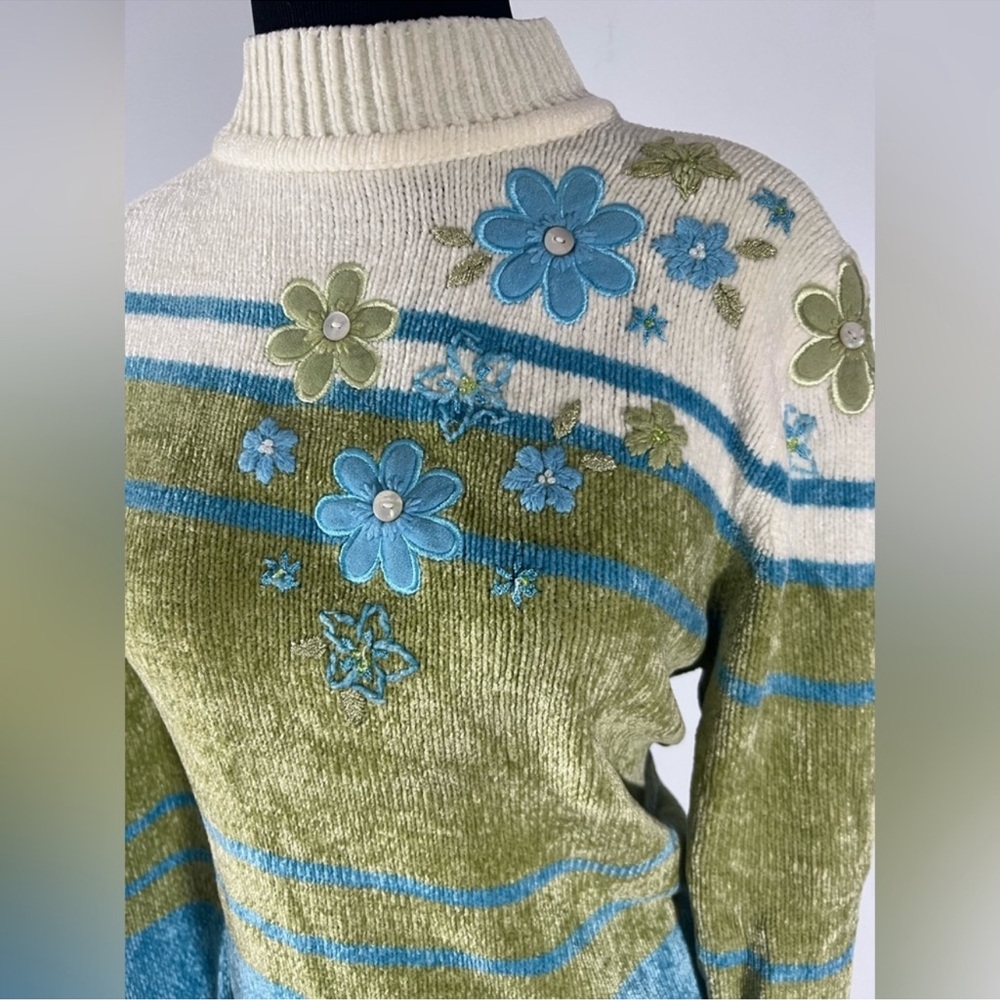 Alfred Dunner Floral Cowl Neck Sweater - Green, Blue, Cream - Picture 2 of 5